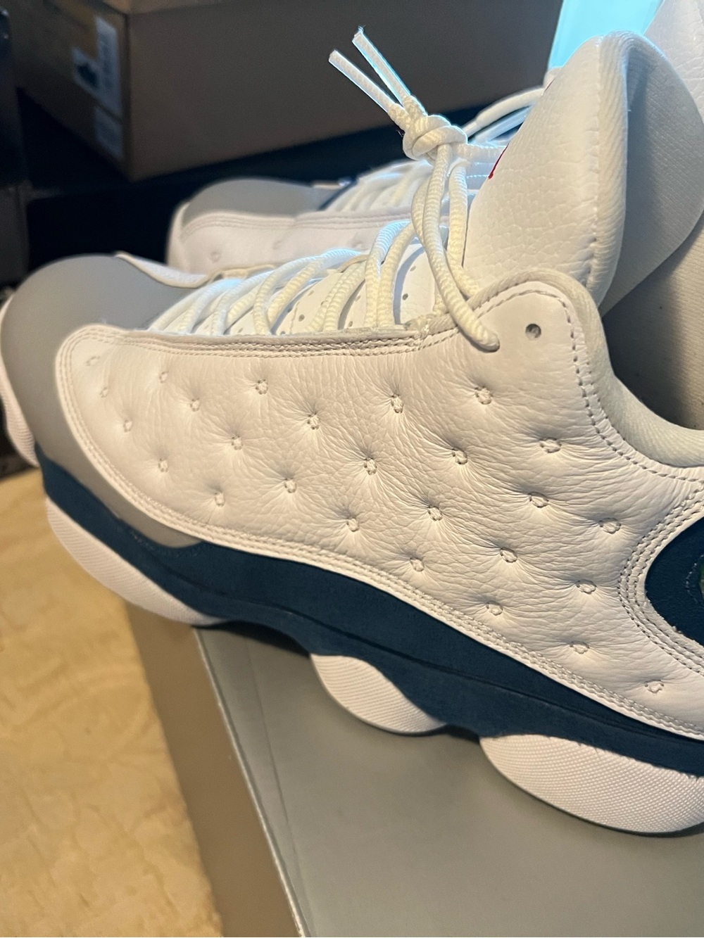 French Blue 13s Jordan Men's White and Navy Low-Top Leather Sneakers